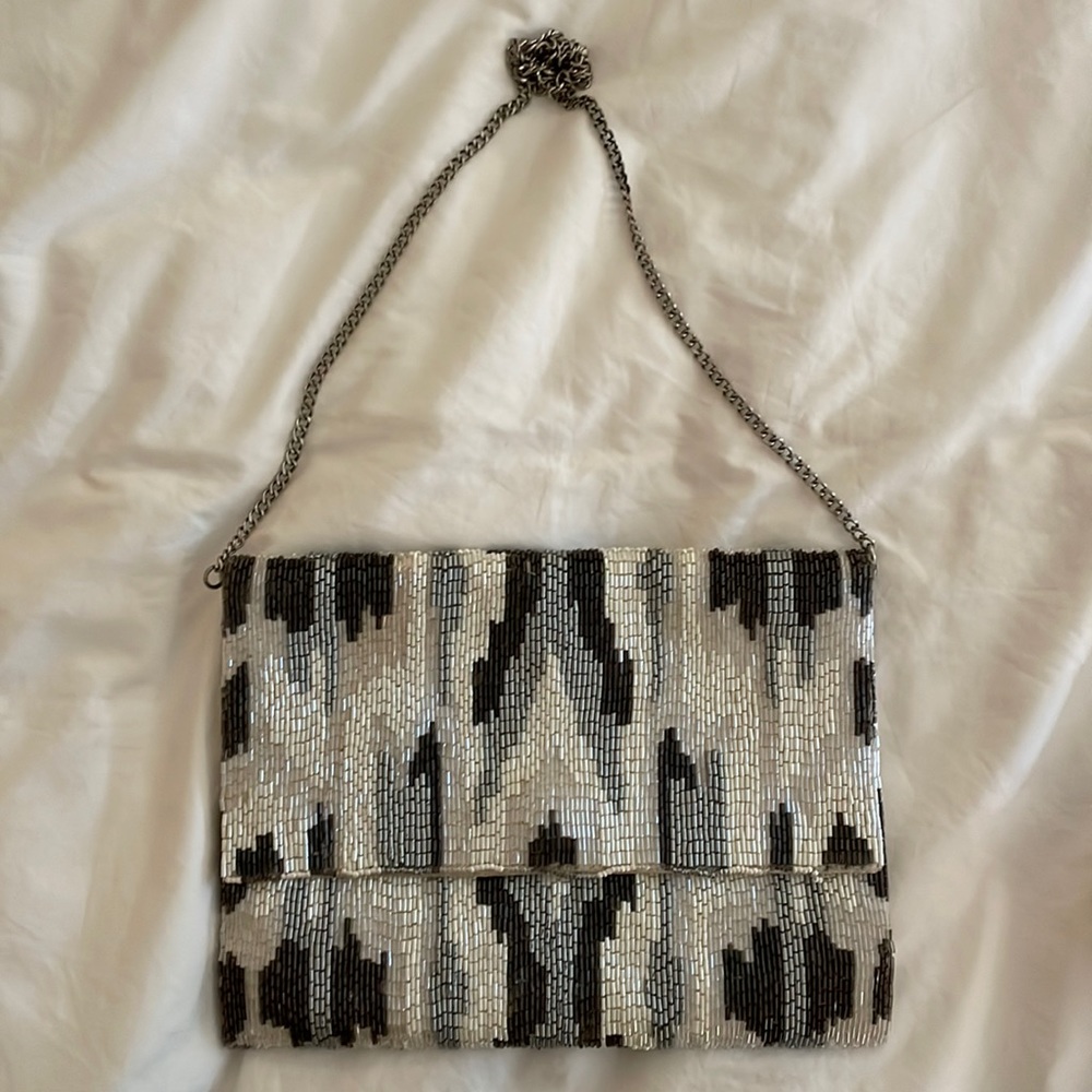 Moyna Bead Clutch with Chain - white blue and grey